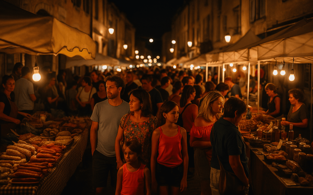 Stands éclairés d’un marché nocturne en France avec foule