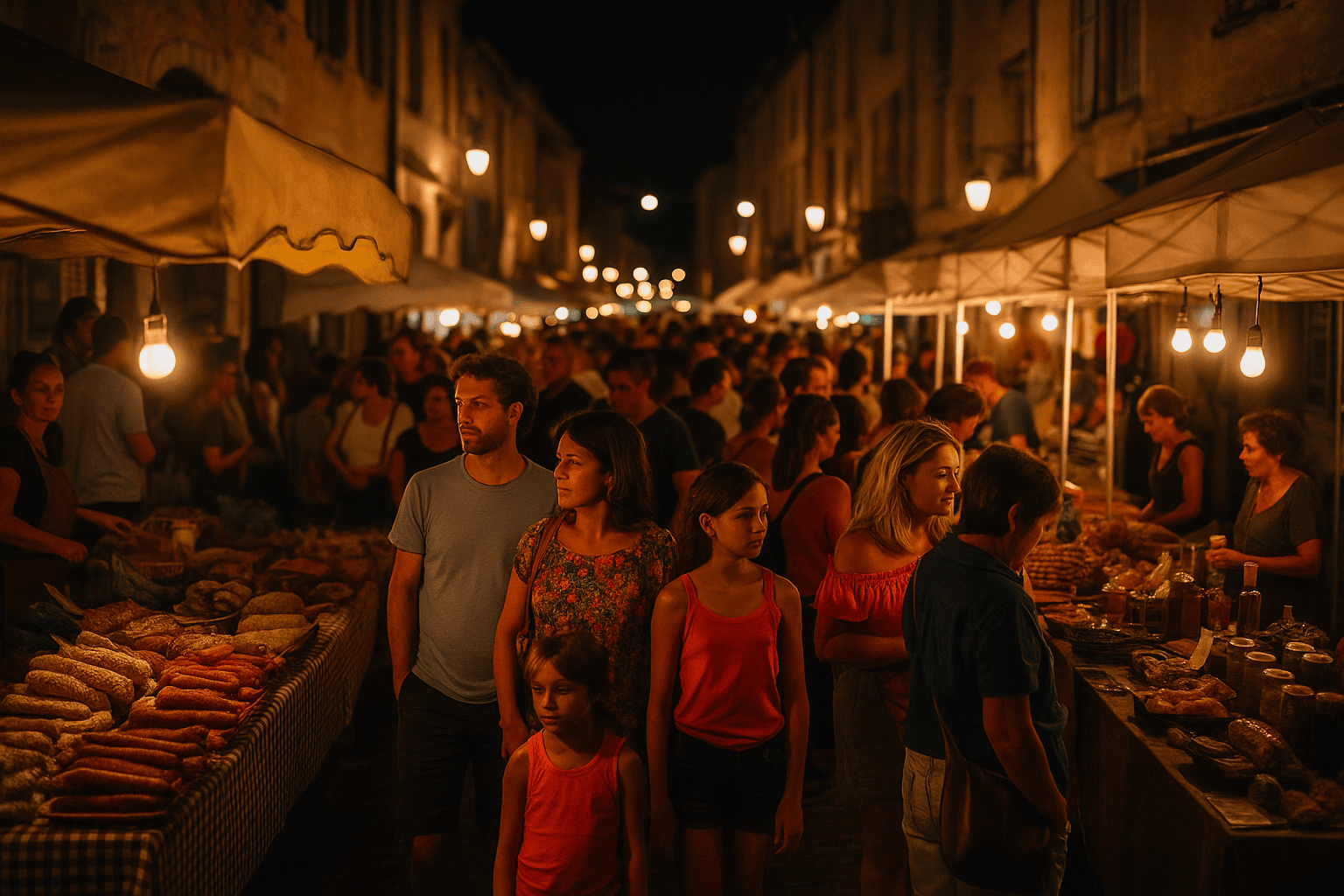 Marché nocturne en France Stands éclairés d’un marché nocturne en France avec foule